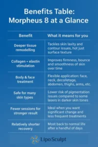 How Often Can I have Morpheus 8? 3 Table showing the benefits of Morpheus 8 treatment from Lipo Sculpt Leamington Spa