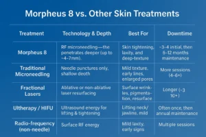 How Often Can I have Morpheus 8? 2 Table to show benefits of Morpheus 8 Leamington Spa compared to other skin treatments